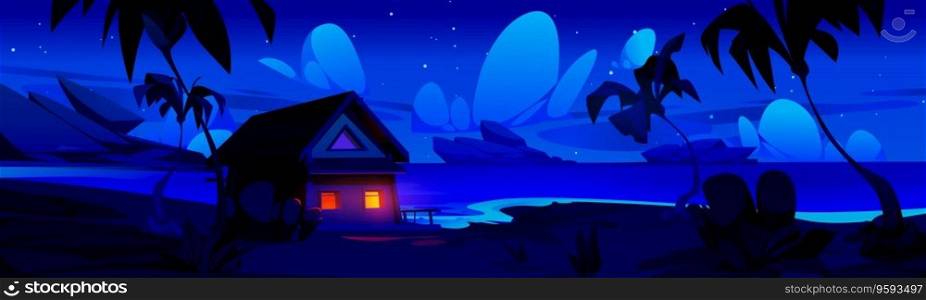 Old wooden house against night river landscape. Vector cartoon illustration of shabby hut with yellow light in windows near lake water, tall trees and bushes, huge stones under dark sky with stars. Old wooden house against night river landscape