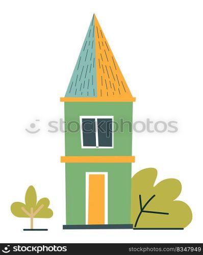Old wooden house with garden and lush greenery, isolated summer cottage with exclusive architecture design, village and rural area building. Home for living or rest during spring. Vector in flat. Summer cottage or house built in woods or forest