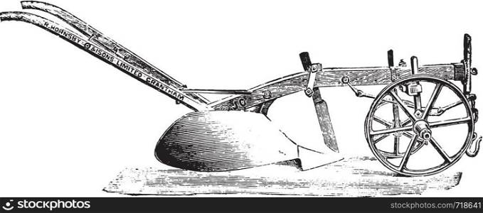 Old wooden plow of R. Hornsby, vintage engraved illustration. Industrial encyclopedia E.-O. Lami - 1875.