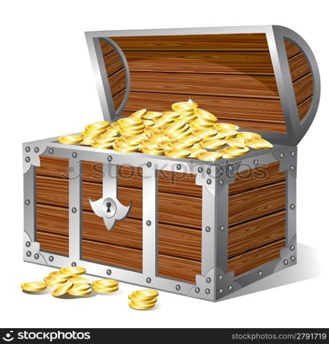 Old wooden treasure chest with golden coins