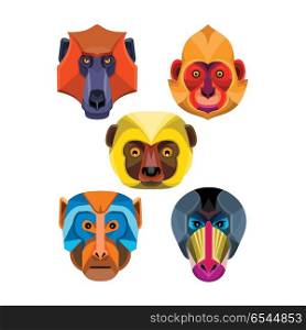 Old World Monkeys Flat Icon Collection. Flat icon mascot style illustration of heads of Old World monkeys like the baboon, white-headed, golden-headed or Cat Ba langur, diademed sifaka or diademed simpona lemur , rhesus macaque and the mandrill or drill viewed from front on isolated background in retro style.. Old World Monkeys Flat Icon Collection