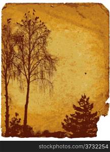 Old worn card with landscape and birds (vector)