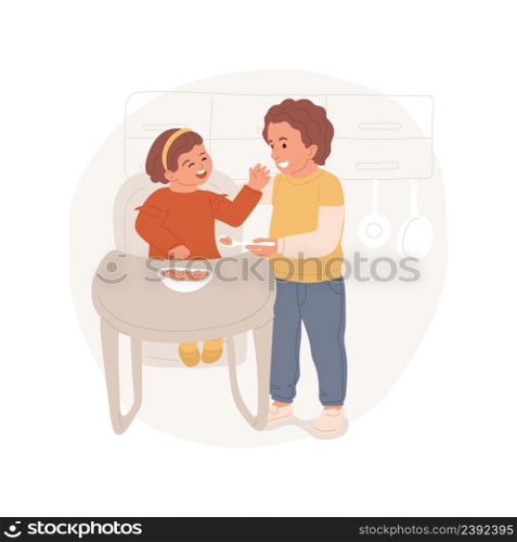 Older child feeding sibling isolated cartoon vector illustration. Taking care of younger sibling, preschool child feeding a baby with a spoon, growing children, family life vector cartoon.. Older child feeding sibling isolated cartoon vector illustration.