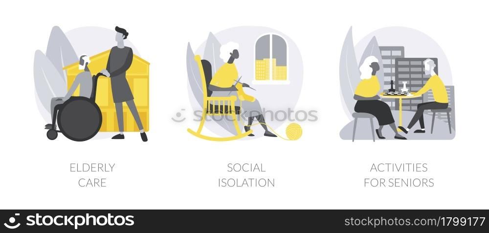 Older generation lifestyle abstract concept vector illustration set. Elderly care, social isolation, activities for seniors, home nursing medical care, retiree companion, assistance abstract metaphor.. Older generation lifestyle abstract concept vector illustrations.