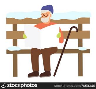Older man character in casual clothes reading newspaper in winter park. Grandfather sitting on snowy bench with paper and stick. Senior with beard wearing hat and glasses relaxing outdoor vector. Senior Reading Newspaper on Snowy Bench Vector