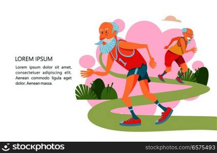Older men are engaged in running in the fresh air.  They lead a healthy and active lifestyle. Vector illustration in cartoon style.