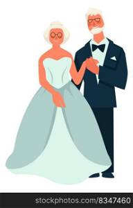 Older people getting married, isolated senior man and woman in suit and dress. Elder personages celebrating love, wedding ceremony or engagement of grandmother and grandfather. Vector in flat style. Senior people having wedding, marriage of two