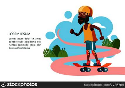 Older people lead an active lifestyle. Old people play sports. Grandpa is skateboarding. Vector illustration.