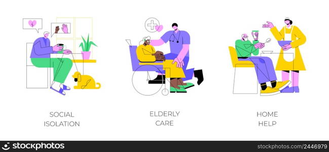 Older people living abstract concept vector illustration set. Social isolation, elderly care, home help, disabled people, medical nursing home, healthcare service, care allowance abstract metaphor.. Older people living abstract concept vector illustrations.