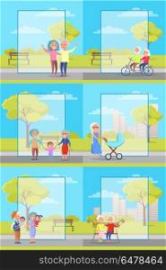 Older People Outside Collection of Illustrations. Older people outside collection of vector illustrations. Grandparents and their grandchildren spending time in park. Senior citizens riding bicycle