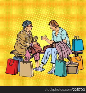 Older women girlfriends shopping. Pop art retro vector illustration vintage kitsch. Older women girlfriends shopping