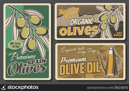 Olive branch and oil bottle retro banners of vector vegetable food. Green fruits of olive tree and vintage jug of extra virgin oil, mediterranean cuisine dishes, Italian antipasto or Spain tapas. Olive branch and oil bottle retro banners of food