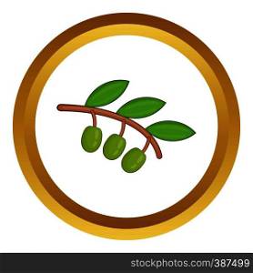 Olive branch with green olives vector icon in golden circle, cartoon style isolated on white background. Olive branch with green olives vector icon