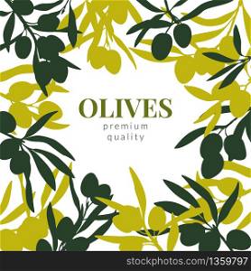 Olive branches, olive oil, flat illustrations, hand drawn silhouettes of olive tree fruits and bottles of olive oil.