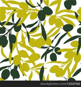 Olive branches, olive oil, flat illustrations, hand drawn silhouettes of olive tree fruits and bottles of olive oil. Seamless pattern, textile design.