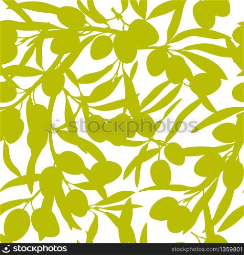 Olive branches, olive oil, flat illustrations, hand drawn silhouettes of olive tree fruits and bottles of olive oil. Seamless pattern, textile design.