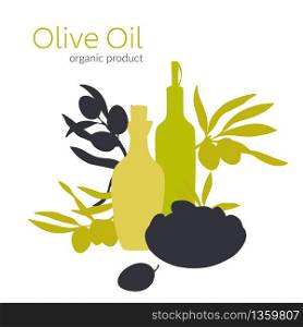 Olive branches, olive oil, flat illustrations, hand drawn silhouettes of olive tree fruits and bottles of olive oil. Decorative poster.