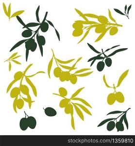 Olive branches, olive oil, flat illustrations, hand drawn silhouettes of olive tree fruits