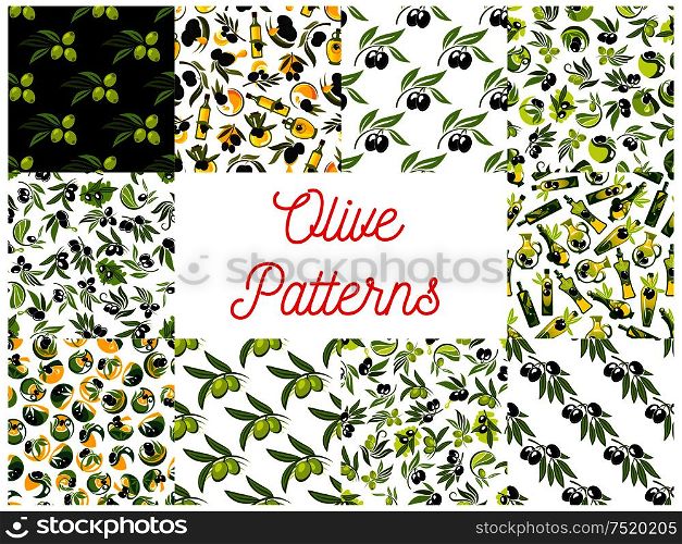 Olive fruits seamless patterns with set of vegetable background with olive tree branches, black and green fruits with drops of healthy olive oil. Olive fruits with oil seamless patterns set