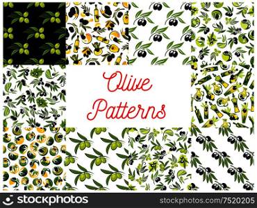 Olive fruits seamless patterns with set of vegetable background with olive tree branches, black and green fruits with drops of healthy olive oil. Olive fruits with oil seamless patterns set