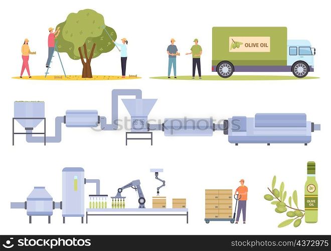 Olive harvesting and factory food oil production process. Flat agriculture vegetable oils manufacture, extraction and bottling vector set. Production industry oil olive illustration. Olive harvesting and factory food oil production process. Flat agriculture vegetable oils manufacture, extraction and bottling vector set