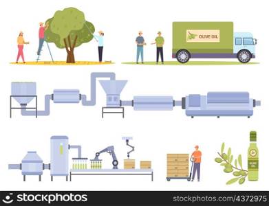 Olive harvesting and factory food oil production process. Flat agriculture vegetable oils manufacture, extraction and bottling vector set. Production industry oil olive illustration. Olive harvesting and factory food oil production process. Flat agriculture vegetable oils manufacture, extraction and bottling vector set