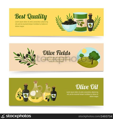 Olive horizontal banners set with quality oil fields elements isolated vector illustration