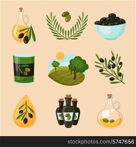 Olive icons set with oil bottle drop tree branch isolated vector illustration