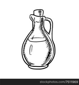 Olive oil bottle icon with handle and cork isolated on white background, outline sketch style. Olive oil bottle sketch with handle and cork