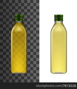 Olive oil bottle isolated realistic vector 3d mockup. Glass narrow high bottle with short neck and green screw cap, extra virgin olive or sunflower cooking oil mockup. Olive oil bottle isolated vector mockup