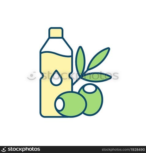 Olive oil bottle RGB color icon. Boosting heart and digestive health. Using pure olive oil for cooking and skin care. Nourishing properties. Isolated vector illustration. Simple filled line drawing. Olive oil bottle RGB color icon