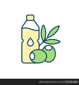 Olive oil bottle RGB color icon. Boosting heart and digestive health. Using pure olive oil for cooking and skin care. Nourishing properties. Isolated vector illustration. Simple filled line drawing. Olive oil bottle RGB color icon
