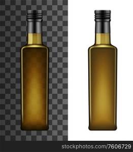 Olive oil bottle, square shape of brown glass with black lid. Vector 3D realistic mockup template of Italian, Greek or Spanish olive cooking oil, isolated on white and transparent background. Cooking oil glass square bottle mockup