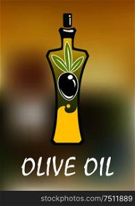 Olive oil bottle with elegant curved sides, golden oil splash on the bottom and black olive fruit over blurred background for healthy food or agriculture design. Bottle of olive oil with black fruit