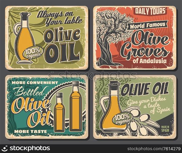 Olive oil bottles, tree and fruits. Vector. Extra virgin cooking oil in jug and bottle, ripe olives on tree branch. Mediterranean Italian, Spanish or Greek cuisine natural product and agriculture. Olive oil bottles, tree and fruits