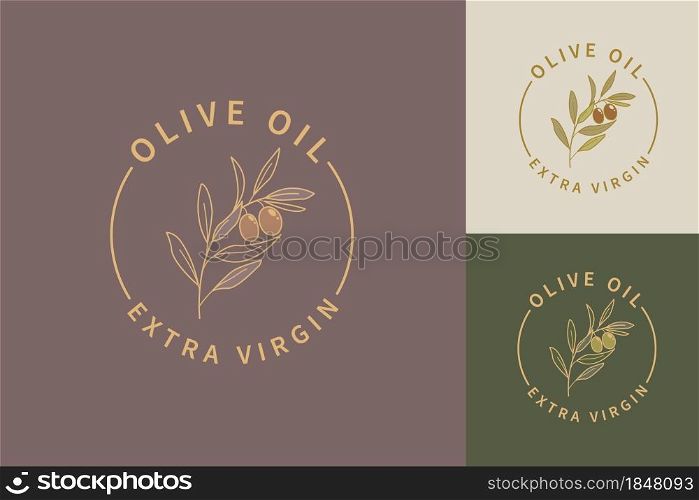 Olive oil extra virgin logos, labels set. Isolated olive branch for elegant template design for olive oil packaging. Natural and organic olives farm. Vector illustration.. Olive oil extra virgin logos.
