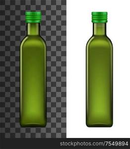 Olive oil glass bottle realistic 3d template mockup. Vector extra virgin olive oil bottle package with metal lid, premium quality Italian, Spanish and Green organic cooking product packaging. Green glass bottle, realistic olive oil