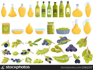 Olive oil icons set cartoon vector. Tree food. Virgin plant. Olive oil icons set cartoon vector. Tree food