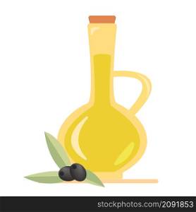 Olive oil in a jug and olives and olive branches. Isolated vector illustration, icon, symbol, object, sticker, design element for menu, poster, label, packaging.. Olive oil in a jug and olives and olive branches. Isolated vector illustration.