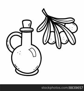 Olive oil in bottle. Olives on a twig. Vector doodle illustration. Sketch.