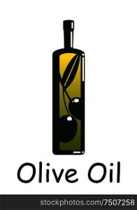 Olive oil in dark green bottle decorated by silhouette of olive tree branch, fruits and leaf. For healthy food design. Silhouette of olive oil bottle
