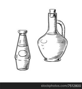 Olive oil in glass jug and tomato sauce bottle sketch objects, for healthy food or vegetarian nutrition theme