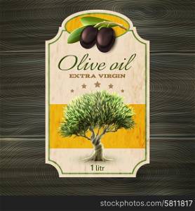 OLive oil label print. Best quality extra virgin olive oil trade mark bottle or can label with tree abstract vector illustration