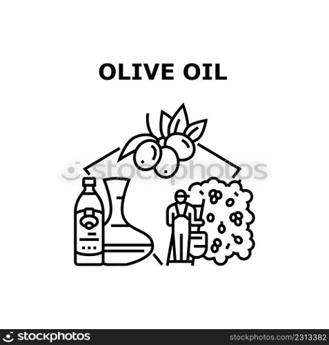 Olive Oil Liquid Vector Icon Concept. Extra Virgin Olive Oil Liquid Bottle And Carafe Prepared From Natural Agricultural Ingredient. Harvester Harvesting Vitamin Fruit From Tree. Black Illustration. Olive Oil Liquid Vector Concept Black Illustration