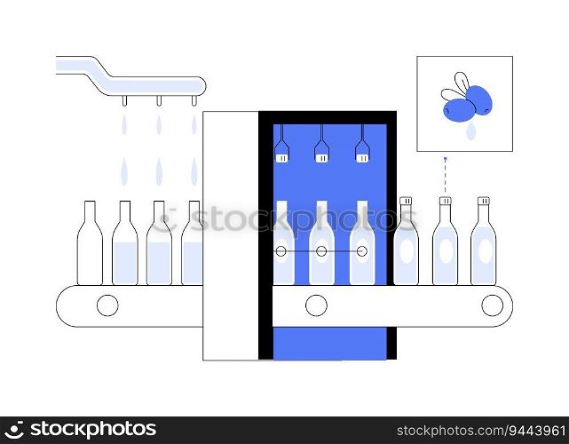 Olive oil packaging abstract concept vector illustration. Bottling olive oil at factory, food industry, fruits and vegetables, products packaging process, agriculture sector abstract metaphor.. Olive oil packaging abstract concept vector illustration.