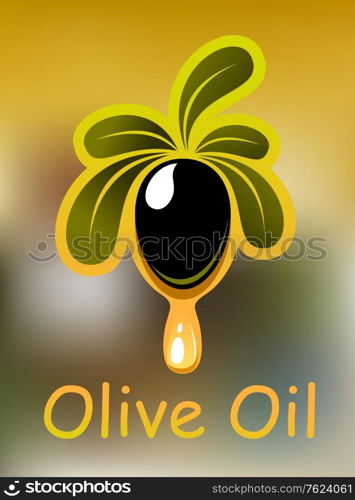 Olive oil poster or card design with a single ripe black olive on a leafy twig dripping golden oil and the text for vegetarian food design. Olive oil poster or card design