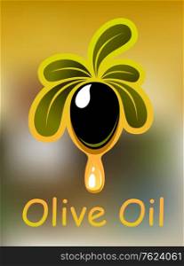 Olive oil poster or card design with a single ripe black olive on a leafy twig dripping golden oil and the text for vegetarian food design. Olive oil poster or card design