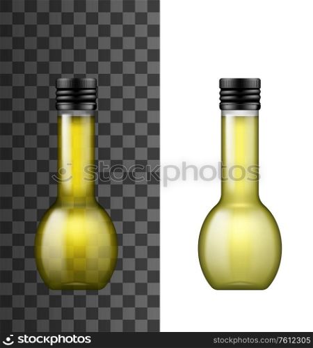Olive oil realistic bottle, isolated 3d vector mockup object. Glass bottle with round shape, thin neck and black screw cap. Premium extra virgin olive or sunflower cooking oil. Olive oil realistic vector bottle