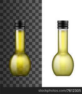 Olive oil realistic bottle, isolated 3d vector mockup object. Glass bottle with round shape, thin neck and black screw cap. Premium extra virgin olive or sunflower cooking oil. Olive oil realistic vector bottle