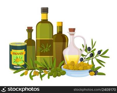 Olive oil set. Products made from olive branches. Black and green organic olives, jars and glass bottles. Healthy products, natural ingredients for cooking, treatment vector illustration. Olive oil set. Products made from olive branches. Black and green organic olives, jars and glass bottles